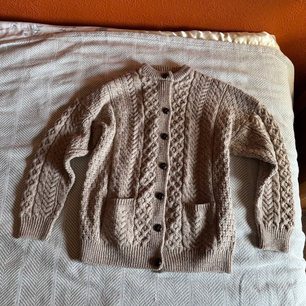 Aran Sweater Market Merino Wool Cable Knit Beige Cardigan Mens Medium Ireland - Picture 5 of 9